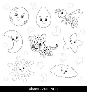 Ensemble d'autocollants avec de jolis personnages de dessin animé. Livre de coloriage pour enfants. Dessiné à la main. Illustration vectorielle. Collection de badges patch. Eléments de conception d'étiquettes. Illustration de Vecteur