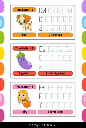 Écriture de lettres. Définir la page de vectorisation. Fiche pratique. Feuille de travail pour enfants. Apprendre l'alphabet. Personnages mignons. Illustration vectorielle. Style de dessin animé. Illustration de Vecteur
