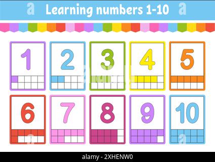 Mettez des cartes flash pour les enfants.Numéros d'apprentissage 1-10.Feuille de travail de développement de l'éducation.Page d'activité pour l'école.Jeu de couleurs pour les enfants.Illustrateur de vecteur Illustration de Vecteur