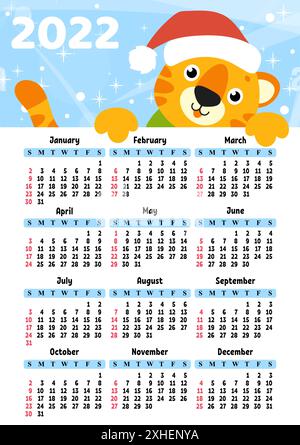 Calendrier pour 2022 avec un symbole de tigre mignon de la nouvelle année. Design amusant et lumineux. Illustration vectorielle de couleur isolée. style dessin animé. Illustration de Vecteur