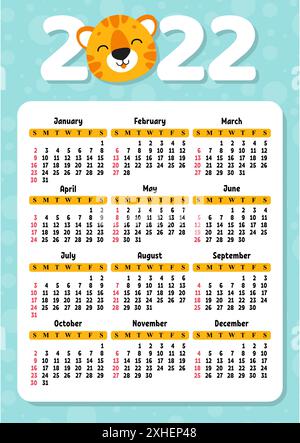 Calendrier pour 2022 avec un symbole de tigre mignon de la nouvelle année. Design amusant et lumineux. Illustration vectorielle de couleur isolée. style dessin animé. Illustration de Vecteur