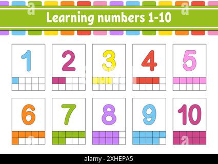 Mettez des cartes flash pour les enfants.Numéros d'apprentissage 1-10.Feuille de travail de développement de l'éducation.Page d'activité pour l'école.Jeu de couleurs pour les enfants.Illustrateur de vecteur Illustration de Vecteur