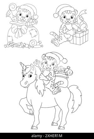 Ensemble de petits tigres de Noël mignons. Page de livre de coloriage pour les enfants. Personnage de style dessin animé. Illustration vectorielle isolée sur fond blanc. Illustration de Vecteur