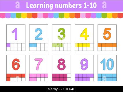 Mettez des cartes flash pour les enfants.Numéros d'apprentissage 1-10.Feuille de travail de développement de l'éducation.Page d'activité pour l'école.Jeu de couleurs pour les enfants.Illustrateur de vecteur Illustration de Vecteur