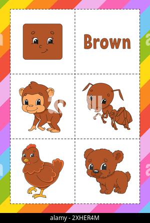 Apprentissage des couleurs. Flashcard pour enfants. Personnages de dessin animé mignons. Jeu d'images pour les présélectionneurs. Feuille de travail sur la formation. Illustration vectorielle. Illustration de Vecteur