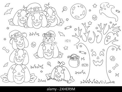 Un ensemble de citrouilles amusantes, arbre, lune, chat.Page de livre de coloriage pour les enfants.Thème Halloween.Personnage de style dessin animé.Illustration vectorielle isolée sur blanc Illustration de Vecteur