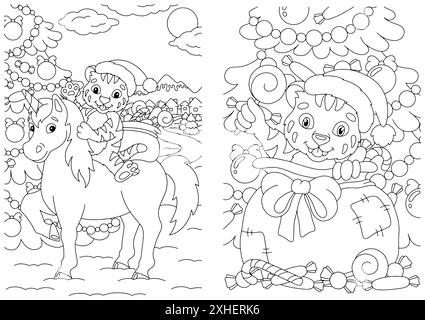 Ensemble de petits tigres de Noël mignons avec des cadeaux. Page de livre de coloriage pour les enfants. Personnage de style dessin animé. Illustration vectorielle isolée sur fond blanc. Illustration de Vecteur