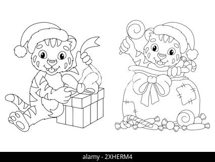 Ensemble de petits tigres de Noël mignons avec des cadeaux. Page de livre de coloriage pour les enfants. Personnage de style dessin animé. Illustration vectorielle isolée sur fond blanc. Illustration de Vecteur