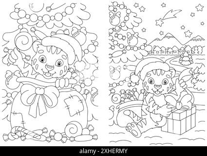 Ensemble de petits tigres de Noël mignons avec des cadeaux. Page de livre de coloriage pour les enfants. Personnage de style dessin animé. Illustration vectorielle isolée sur fond blanc. Illustration de Vecteur