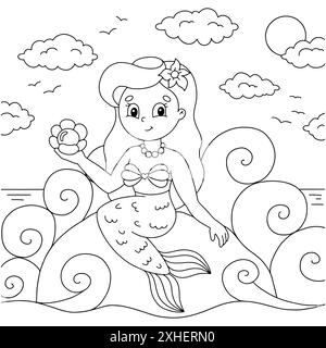 Jeune belle petite sirène est assise sur une pierre. Page de livre de coloriage pour les enfants. Personnage de style dessin animé. Illustration vectorielle isolée sur fond blanc Illustration de Vecteur