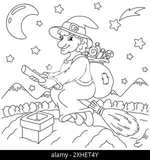 Mignon Befana vole sur un balai avec un sac de cadeaux. Page de livre de coloriage pour les enfants. Personnage de style dessin animé. Illustration vectorielle isolée sur bac blanc Illustration de Vecteur