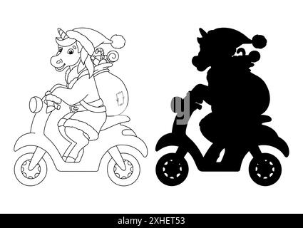 La licorne porte des cadeaux de Noël sur un cyclomoteur. Page de livre de coloriage pour les enfants. Personnage de style dessin animé. Illustration vectorielle isolée sur backgrou blanc Illustration de Vecteur