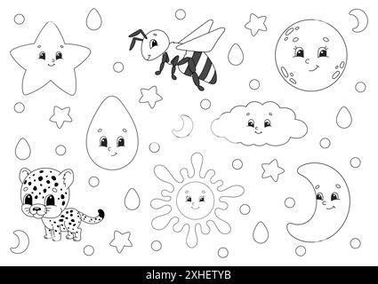 Livre de coloriage pour enfants. Personnages joyeux. Illustration vectorielle. Style de dessin animé mignon. Silhouette de contour noir. Isolé sur fond blanc. Illustration de Vecteur