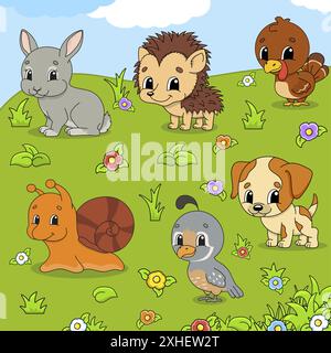 Animaux de jeu. Personnages de dessin animé mignons. Clipart PET. Dessiné à la main. Pack coloré. Illustration vectorielle. Collection de badges patch. Eléments de conception d'étiquettes. Pour Illustration de Vecteur