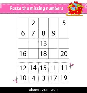 Coller les numéros manquants 1-20. Jeu pour enfants. Pratique de l'écriture manuscrite. Numéros d'apprentissage pour les enfants. Feuille de travail de développement de l'éducation. Page activité. ISO Illustration de Vecteur