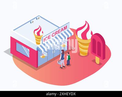 Garçon et sa mère achetant de la crème glacée au magasin. Illustration de Vecteur