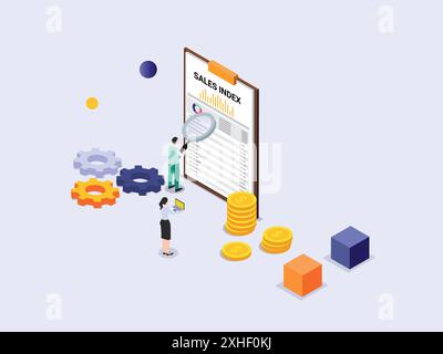 Les gens d'affaires analysant le document d'indice des ventes pour regarder le profit de l'entreprise mensuellement dans l'événement de réunion. Illustration de Vecteur