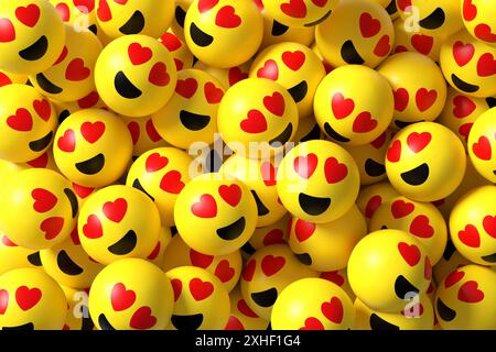 Rencontre en ligne et trouver le concept d'amour. Grand groupe d'emojis jaunes avec des yeux de coeur souriants et exprimant l'amour et l'engouement. rendu 3d. Banque D'Images