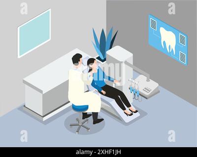 Dentiste masculin examinant les dents d'une patiente en clinique. Concept de vecteur isométrique Illustration de Vecteur
