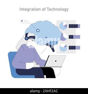 Concept de technologie intégrative. Une personne portant un casque VR interagit avec l'analyse de données. Fusion de la réalité virtuelle et du traitement de l'information. Illustration vectorielle. Illustration de Vecteur