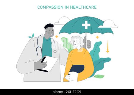 Concept de thérapie centrée sur la compassion. Illustration montrant un médecin attentionné avec un parapluie protecteur sur un patient, véhiculant empathie et soutien dans les soins de santé. Illustration vectorielle. Illustration de Vecteur