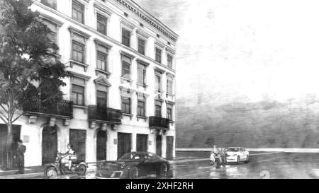 une photo en noir et blanc d'un bâtiment avec un panneau qui dit brunch dessus. Banque D'Images