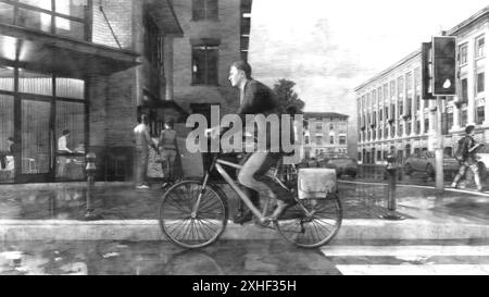 croquis noir et blanc d'un homme faisant du vélo dans une rue de la ville avec un fond de bâtiments aux intersections de circulation et des activités de la communauté de la ville Banque D'Images