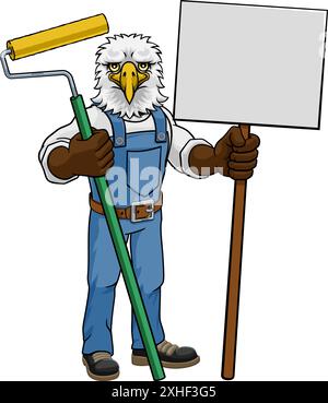 Eagle Painter Decorator Paint Roller Mascot Man Illustration de Vecteur