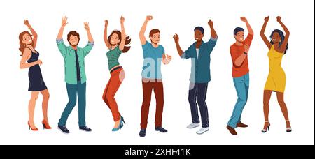 Joyeuse fête multiethnique invités dansant ensemble d'icônes vectorielles de couleur plate. Jeunes clubbers divers ayant un pack d'illustration amusant sur fond blanc Illustration de Vecteur