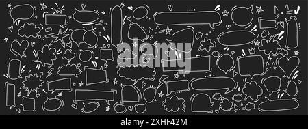 Bulles de parole doodle icônes vectorielles de ligne blanche paquet dans l'espace négatif. Communication dans le chat illustration dessinée à la main ensemble noir et blanc Illustration de Vecteur
