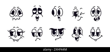 Icônes de visages drôles vintage de ligne mince sur fond blanc. Variété de personnages drôles de visages idéaux pour construire différentes émotions faciales graphiques Illustration de Vecteur