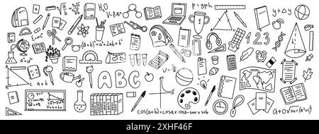 Icônes Doodle de fournitures scolaires sur fond blanc. Variété d'outils éducatifs dessinés à la main en monochrome simple idéal pour les conceptions liées à l'école Illustration de Vecteur