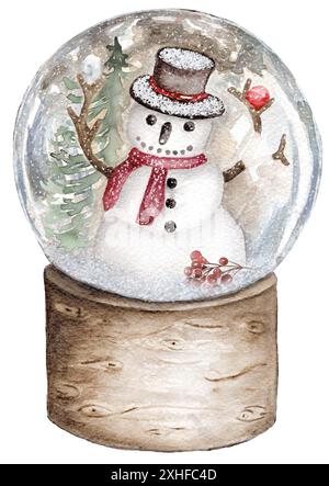 Boule de neige vintage avec décor de Noël et bonhomme de neige. Baies rouges de Noël, branche de boule de Noël de pin. Illustration hivernale à l'aquarelle dessinée à la main. Banque D'Images