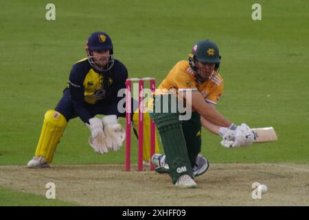Chester le Street, 12 juillet 2024. Matthew Montgomery battant pour Notts Outlaws contre Durham Cricket dans le T20 Blast à Seat unique, Chester le Street. Crédit : Colin Edwards Banque D'Images