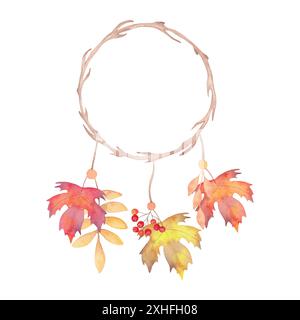 Cadre en bois avec baies rouges de rowan et feuilles d'érable sur une corde. Illustration d'aquarelle de composition botanique. Dessiné à la main isolé Rêve d'automne Banque D'Images