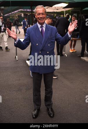 Nigel Farage arrive le quatorzième jour des Championnats de Wimbledon 2024 au All England Lawn Tennis and Croquet Club de Londres. Date de la photo : dimanche 14 juillet 2024. Banque D'Images