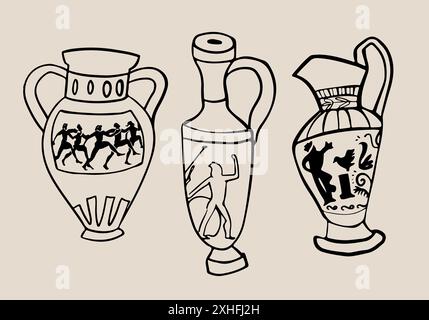 Ensemble de vases à motif grec ancien Black Line Illustration de Vecteur