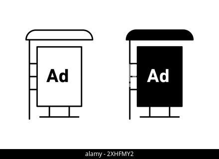 Arrêt de bus abri ad Icon Black Line art vector en noir et blanc contour set signe de collection Illustration de Vecteur