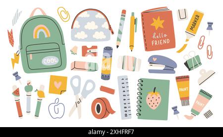 Papeterie scolaire et fournitures d'art, dessin animé. Accessoires Kawaii pour l'étude, équipement étudiant. Retour à l'école. Illustration de Vecteur
