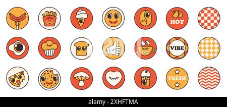 Ensemble d'autocollants alimentaires de dessin animé Groovy, emoji de menu de café et de restaurant. Des éléments de nourriture rétro drôles avec des visages trippy à l'intérieur de formes rondes, collection funky patches de l'illustration vectorielle de style des années 70 80 Illustration de Vecteur