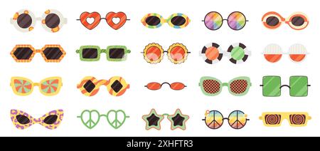 Ensemble de lunettes de soleil de dessin animé groovy. Lunettes rétro drôles avec des cadres de fleur et de coeur, arc-en-ciel psychédélique et étoile, formes rondes et carrées. Collection de tenues boho des années 70 années 80 illustration vectorielle de style Illustration de Vecteur