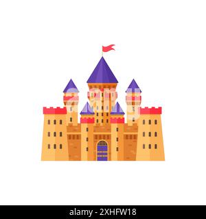 Tours médiévales de château jaune du Royaume avec drapeau rouge, fenêtres et illustration vectorielle de porte Illustration de Vecteur