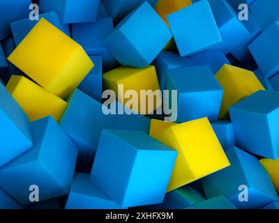 Une grande collection de blocs de mousse dans différentes nuances de bleu et de jaune Banque D'Images