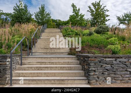 Un mur de pierre avec un escalier qui y mène. Le mur est recouvert de plantes et les marches sont en béton. La scène est paisible et sereine, wi Banque D'Images