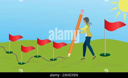 Femme planifiant sa route vers le grand but à partir de petits buts. Dimension 16:9. Illustration vectorielle. Illustration de Vecteur