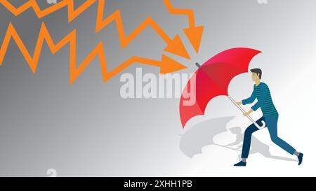 Homme avec parapluie essayant de se protéger de la foudre. Dimension 16:9. Illustration vectorielle. Illustration de Vecteur