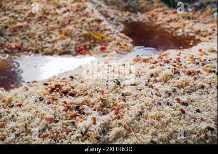 Cuisine ouzbèke est riz pilaf dans un grand chaudron dans la cuisine d'un restaurant asiatique à Tachkent Pilaf Center en Ouzbékistan close-up Banque D'Images