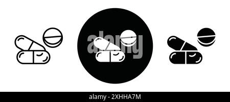 Médecine des pilules et des capsules icône vecteur d'art de ligne noire dans le signe de collection d'ensemble de contour noir et blanc Illustration de Vecteur