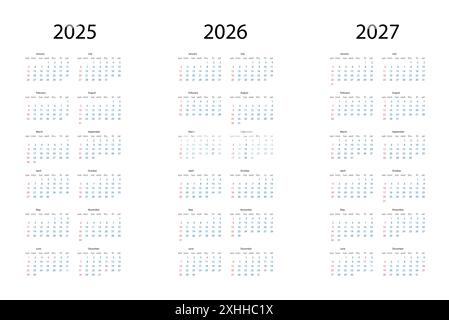 Ensemble de calendriers 2025, 2026, 2027 ans, modèle de conception simple, format vertical, la semaine commence le dimanche, illustration vectorielle Illustration de Vecteur