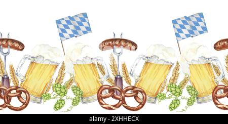 Mugs à bière mousseux, bretzels, houblon, orge, saucisses et drapeau bavarois clipart festif. Bordure sans couture d'aquarelle, bannière pour la publicité Oktoberfest, signalisation de jardin de bière, et invitations de fête Banque D'Images